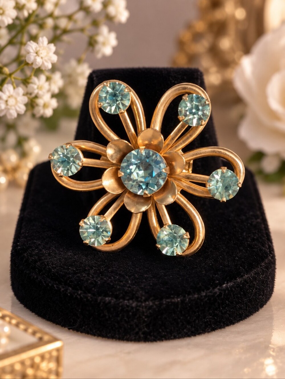 Vintage Gold Tone Aqua Blue Rhinestone Flower Brooch Pin